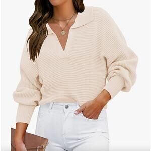 ZESICA V-Neck Collared Sweater, White, XL